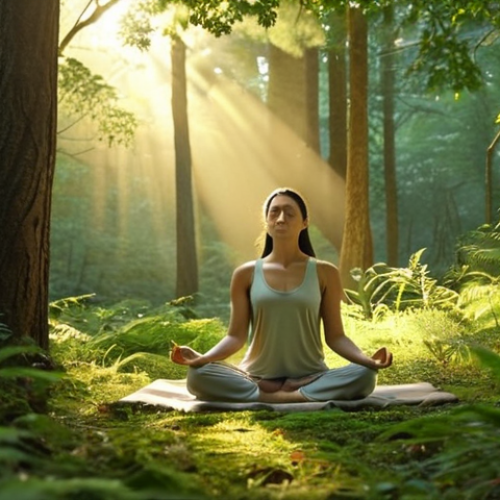 **A serene forest scene at sunrise. Golden light filters through lush green trees, creating a peaceful atmosphere. A woman is meditating, surrounded by nature.** (Focus: Nature, mindfulness, relaxation)